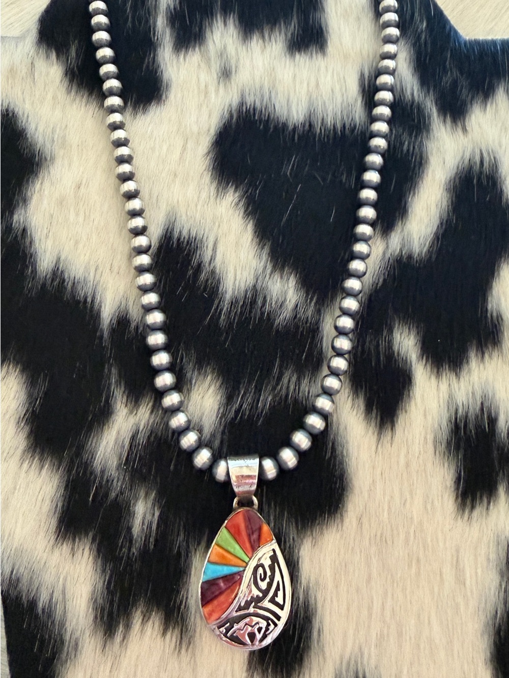 ❤️ Navajo Signed Calvin Begay Spirit Bear Sunrise MultiStone Inlay 925 Pendant - Picture 3 of 14